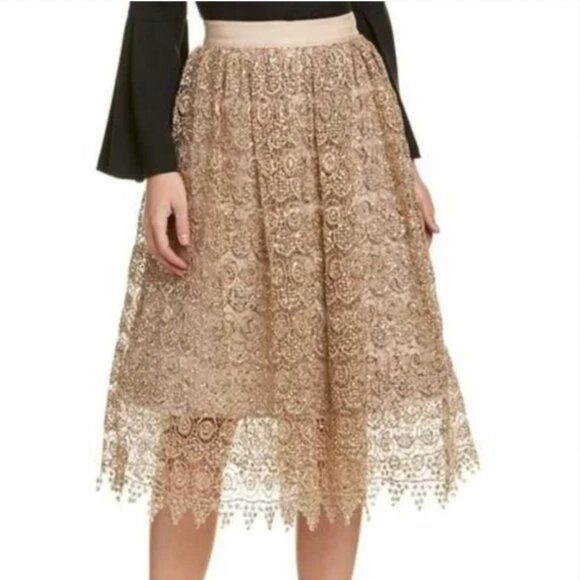 ALICE + OLIVIA light gold champagne sequin lace Almira midi a-line skirt - Picture 13 of 13